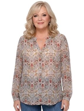 Democracy Multi Color Floral Pattern Smocked Button Down Blouse Size 2X